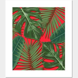 Monstera, Spider Palm, Tropical Leaves Print on Red Posters and Art